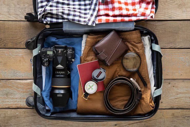 bag with lots of travel stuff for trip purpose